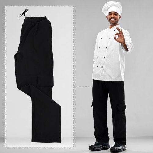 Jeere 6 Men's Chef Pants Classic 7 Pocket Chef Cargo Pants Baggy Kitchen Pants with Wide Elastic Waist and Drawstring (M) Black