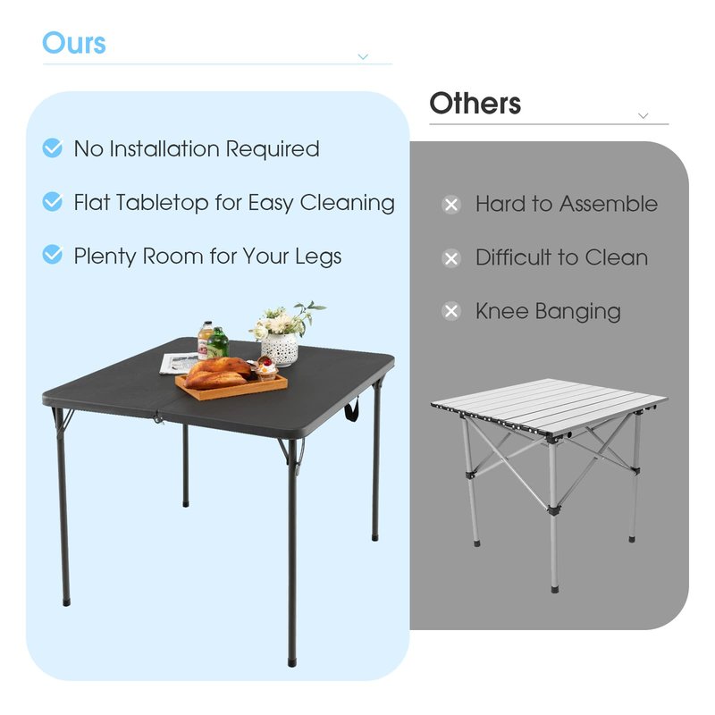 Goplus 34" Square Folding Card Table, Portable Plastic Utility Folding Tables with Collapsible Legs & Carrying Handle, Indoor Outdoor for Picnic, Party, Dining, Camping, BBQ, Grey