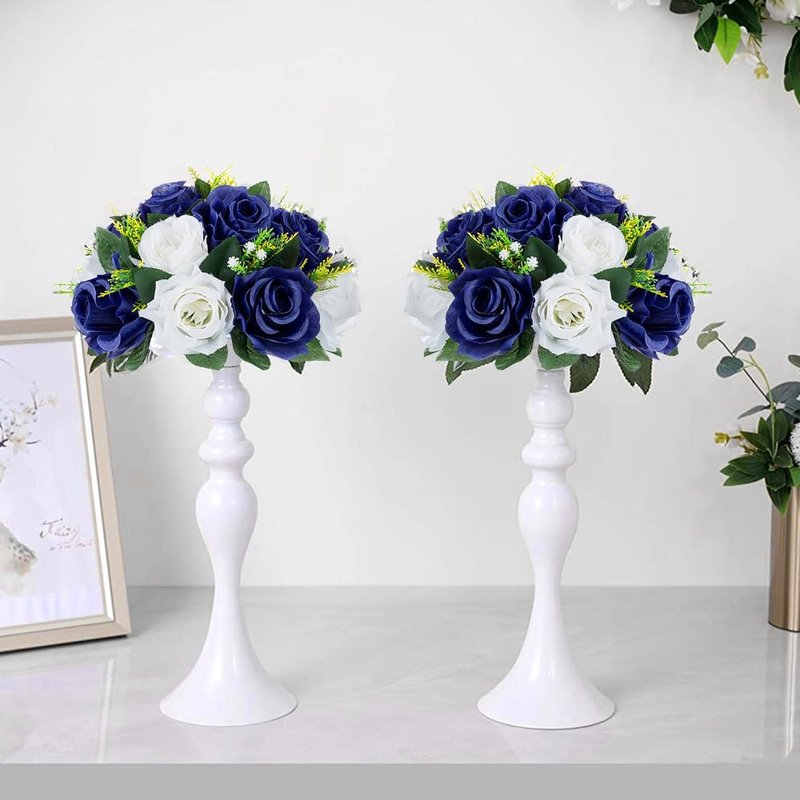 QUTUNI 10Pcs Fake Flower Ball Arrangement Bouquet, 9.5" 15 Heads Plastic Roses with Base,Suitable for Parties Valentine's Day Wedding Centerpiece Flower Rack and Home Décor (Navy Blue & White)