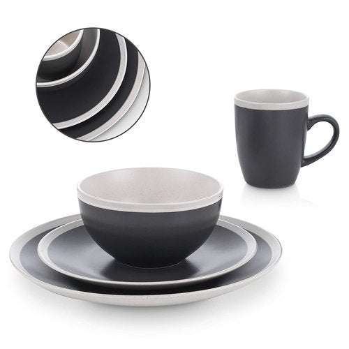 Stone Lain Serenity Stoneware, Service for 4, Plates and Bowls Sets, Dark Gray and Cream Dinnerware, Dishwasher & Microwave Safe, 16-Piece
