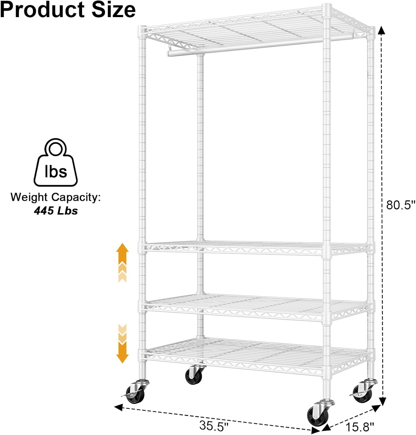 ULIFHOME Heavy Duty Rolling Clothes Rack - 4-Tier Metal Garment Rack with Wheels | 35.5" L x 15.8" W x 80.5" H, Max Load 445 LBS, White