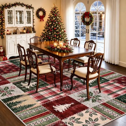 Christmas 5x7 Patchwork Plaid Rug - Red Holiday Area Rug with Non-Slip Backing