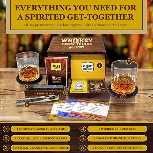 Bourbon Whiskey Gift Set with Glasses Stones Coasters & Trivia - Premium Men’s Barware