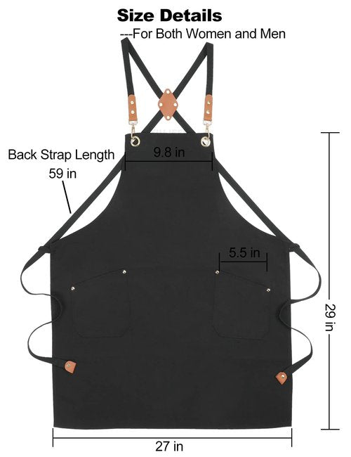 YIUJEFDA Black Cross Back Aprons for Women Men, Adjustable Long Straps Large Pockets Canvas Waterproof Apron for Chef Kitchen Cooking Server