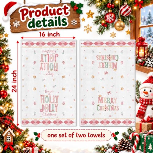 Dainty Pink Holly Jolly Christmas Kitchen Towels Set of 2 - Holiday Farmhouse Decor