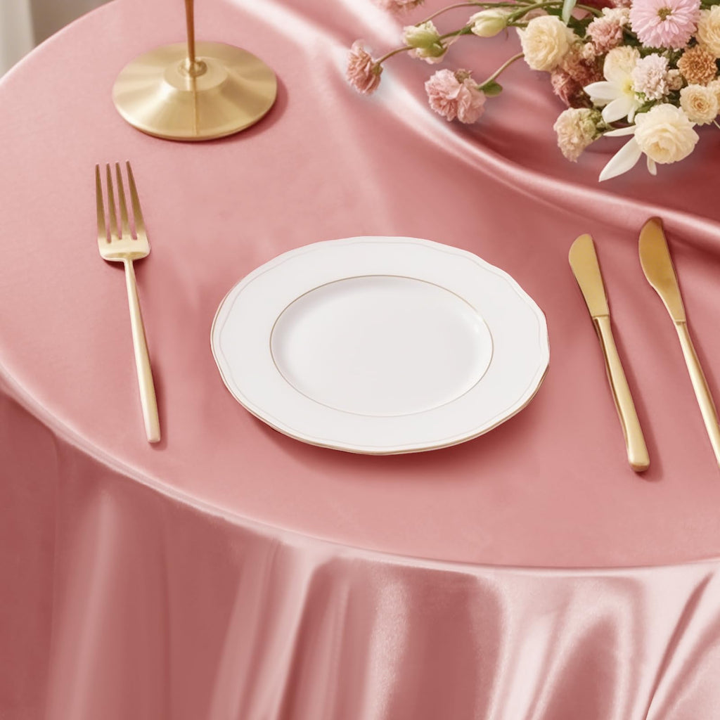 KKJIAF 10 Pack Rose Gold Satin Round Tablecloth 108 Inch, Silky Satin Round Table Cover, Overlay Dining Table Cloths for Wedding Buffet Parties Banquet Decoration
