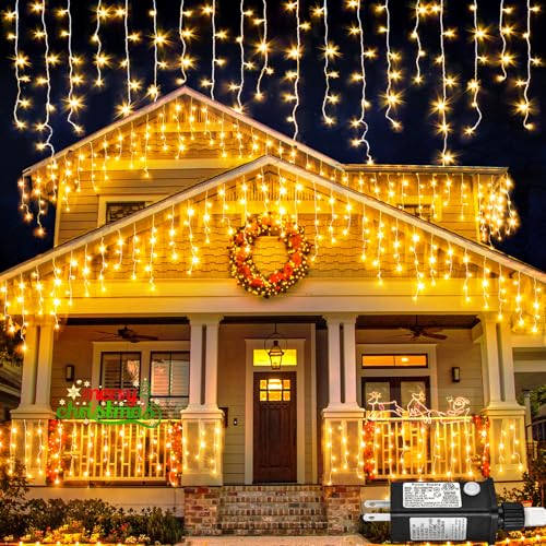 Nielfoi 66ft Warm White Outdoor Icicle Lights with 640 LEDs, 8 Modes, Waterproof