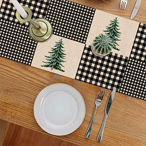 Seliem Pine Tree 13"x72" Black White Buffalo Plaid Table Runner