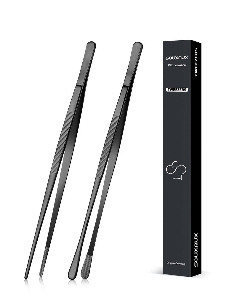 2 Pcs 10-inch Cooking Tweezers Tongs Precision Serrated Tips, Stainless Steel Professional Chef Tweezer Kitchen Tools for BBQ, Plating and Serving (Black)
