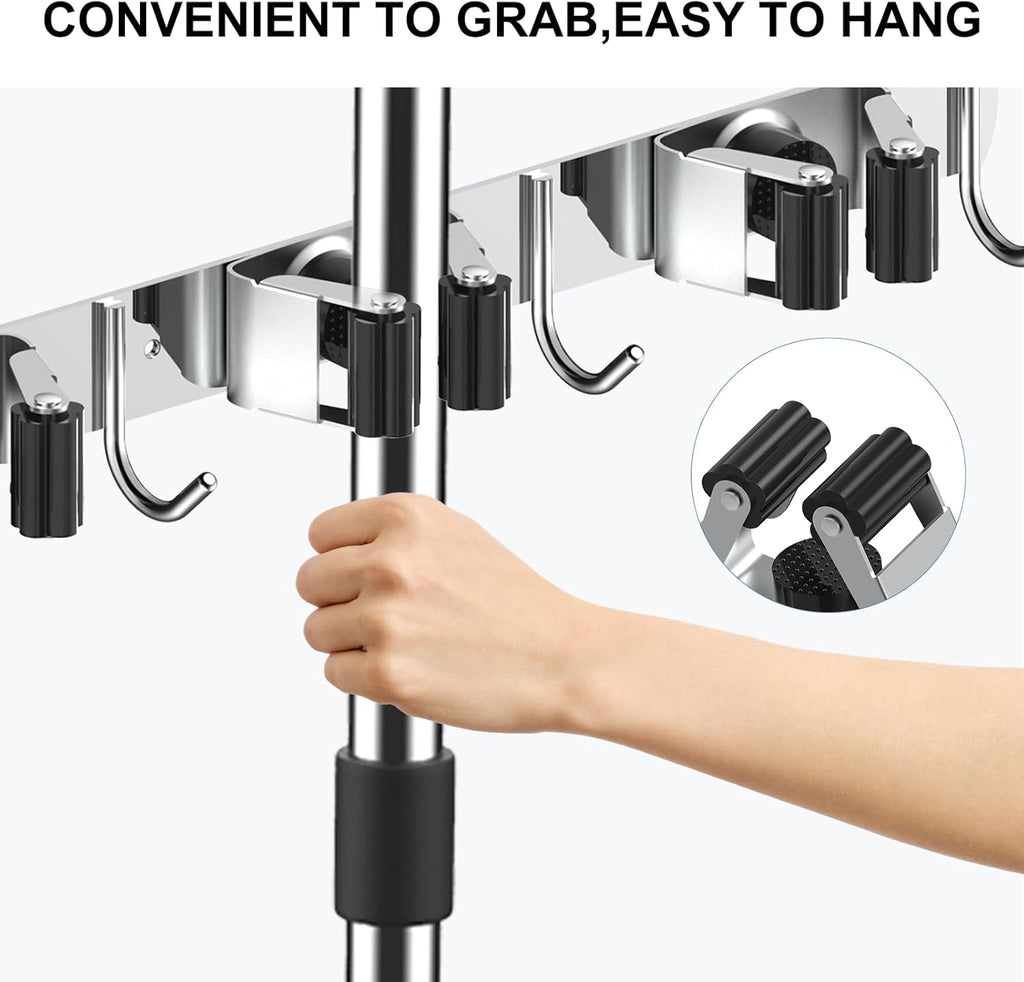 Nacena Broom Holder - Wall Mount Mop Hanger with 4 Racks & 5 Hooks | Heavy-Duty Stainless Steel Organizer for Home