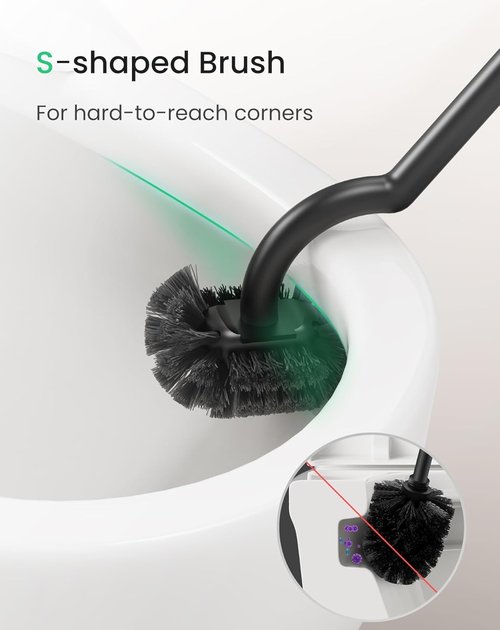 Cesun Toilet Brush and Holder Set - Curved Design for Deep Cleaning | 304 Stainless Steel, Black, 2 Replaceable Heads