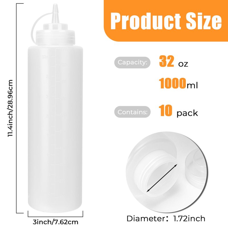DHSBTLS 32 oz Plastic Squeeze Bottles, 8 Pack Clear Condiment Squeeze Bottles with Tethered Caps, Ketchup Bottles for Sauces, Perfect for Condiments, Oil, Icing, Liquids, with 10 Stickers and 1 Pen