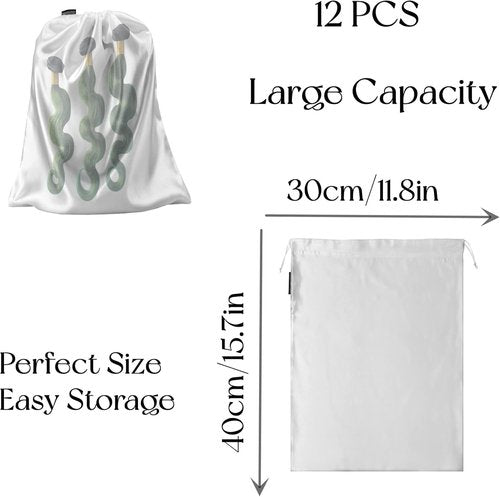 GONGKANGYUAN Satin Wig Bags - 12 Pcs Drawstring Silk Pouches for Hair Extensions & Wigs | Soft Storage (White)