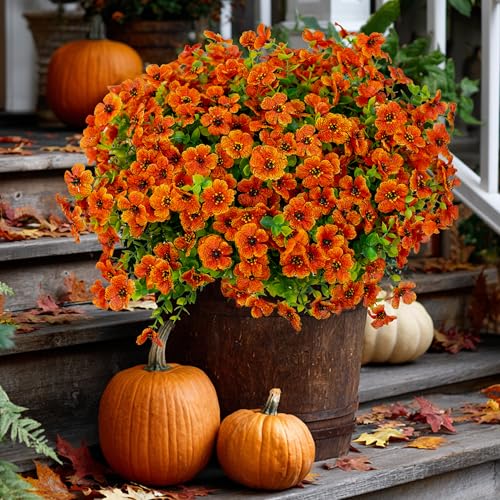 Artificial Fall Mums Outdoor UV Resistant Silk Flowers - 16 Pack, Red Orange
