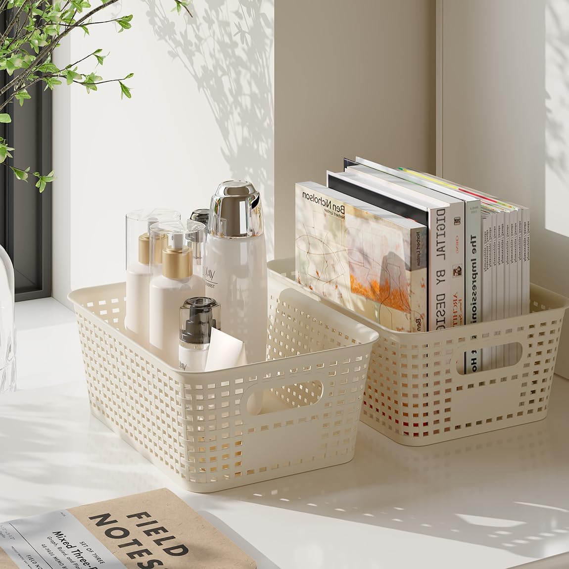 Resze Plastic Storage Baskets - 6 Pack with Lids | Breathable, Stackable Organizers for Home & Office, White