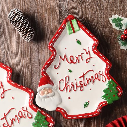 Christmas Ceramic Snack Platters Set with Santa & Tree Design, 10.3 Inch Food Serving Dishes