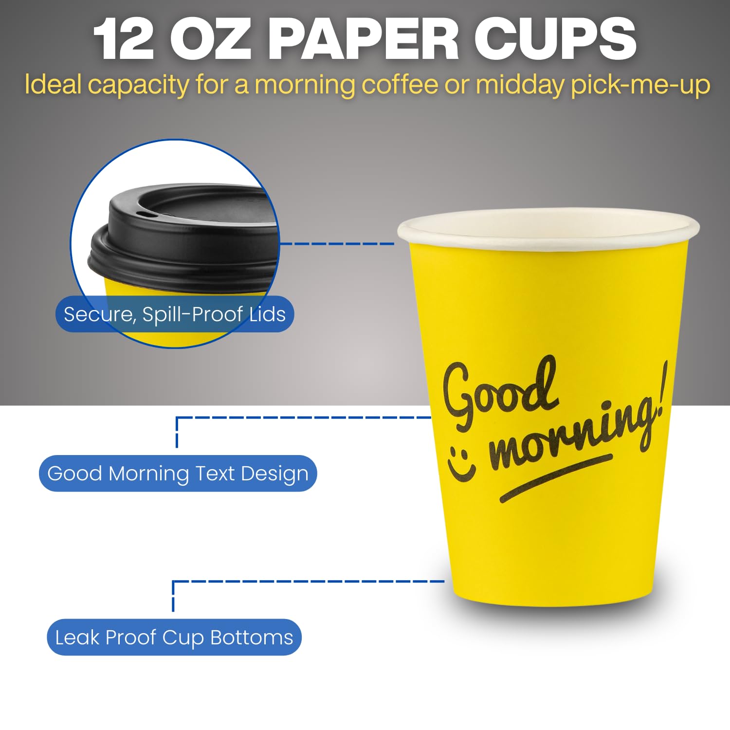 Smygoods Disposable Coffee Cups with Lids, To Go Paper Hot Cups, Good Morning Design (12 OZ, 100 Count) For Hot Beverages, Coffee, Tea, Espresso, Cocoa - Vasos Para Cafe