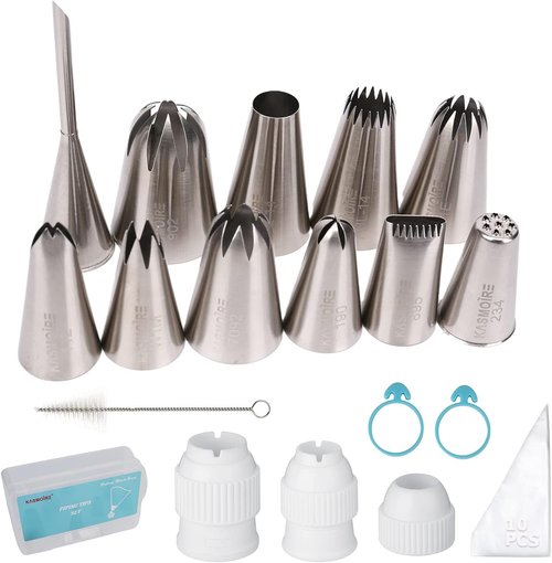 Kasmoire 11-Piece Extra Large Piping Tip Set - Stainless Steel Cake Decorating Nozzles for Cupcakes & Cookies