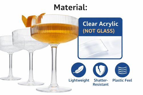 ACRYLIC Ribbed Coupe Glasses Set of 2 – 8oz Clear Shatterproof Acrylic (NOT GLASS) Cocktail, Martini & Champagne – 4in Dia 5.5in Tall, Reusable Plastic Cocktail Coupes, Towers, Indoor & Outdoor Use