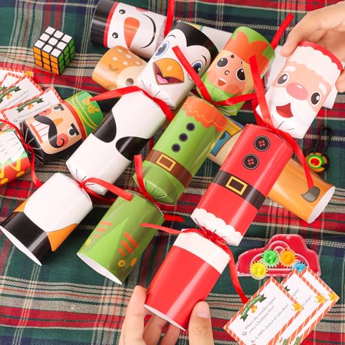 Envotek 12 Pack Christmas Cartoon No-Snap Party Favors with Hats & Gifts - Holiday Table Decorations