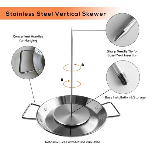 Fengzhe Al Pastor Skewer for Grill：Stainless Steel Vertical Stand, Brazilian Spit Stand with removable 3 Spikes, 2 Brushes, Anti-scalding Fittings, Fat Separator Tray, for Tacos Al Pastor, BBQ