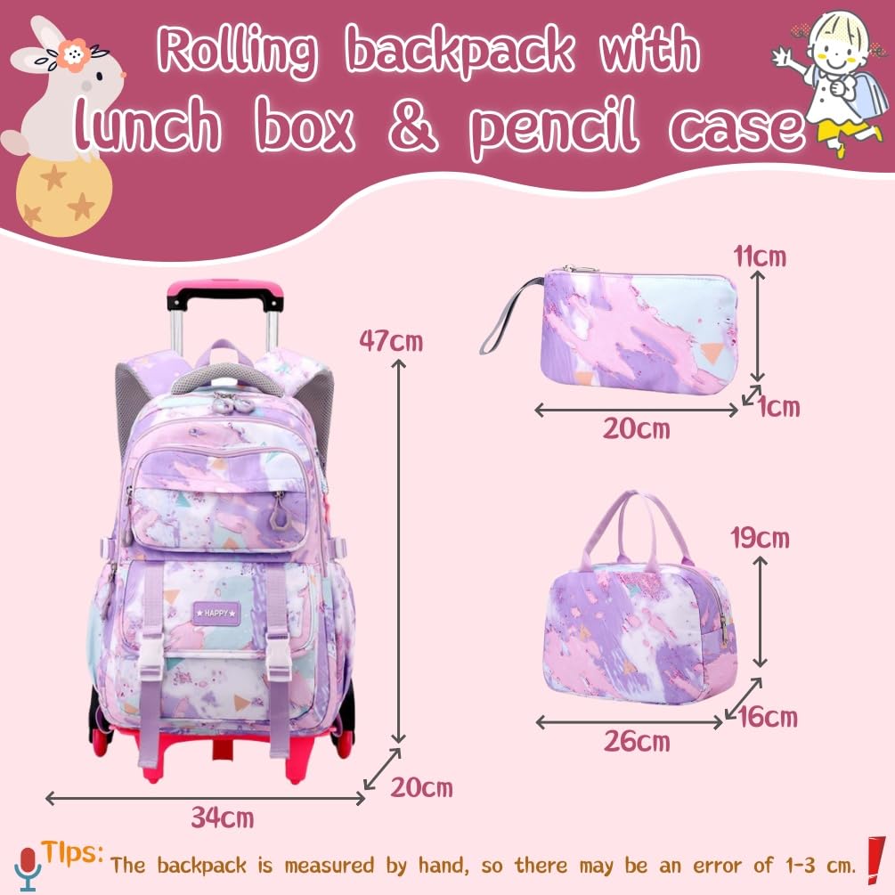 EKUIZAI Girls Trolley Backpack Set Cute Colorful Girls Rolling Backpack Middle School Trolley Schoolbag with Wheels