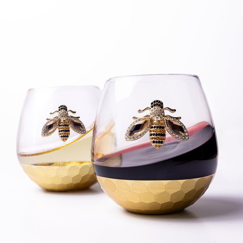 Modern Outlet Home Decor Honey Bee Stemless Wine Glasses - Set of 2 Luxury Crystal Glassware with Jeweled Honey Bee - Unique Wine Lover Gifts for Women - Tumbler for Cocktails, Red, or White Drinks