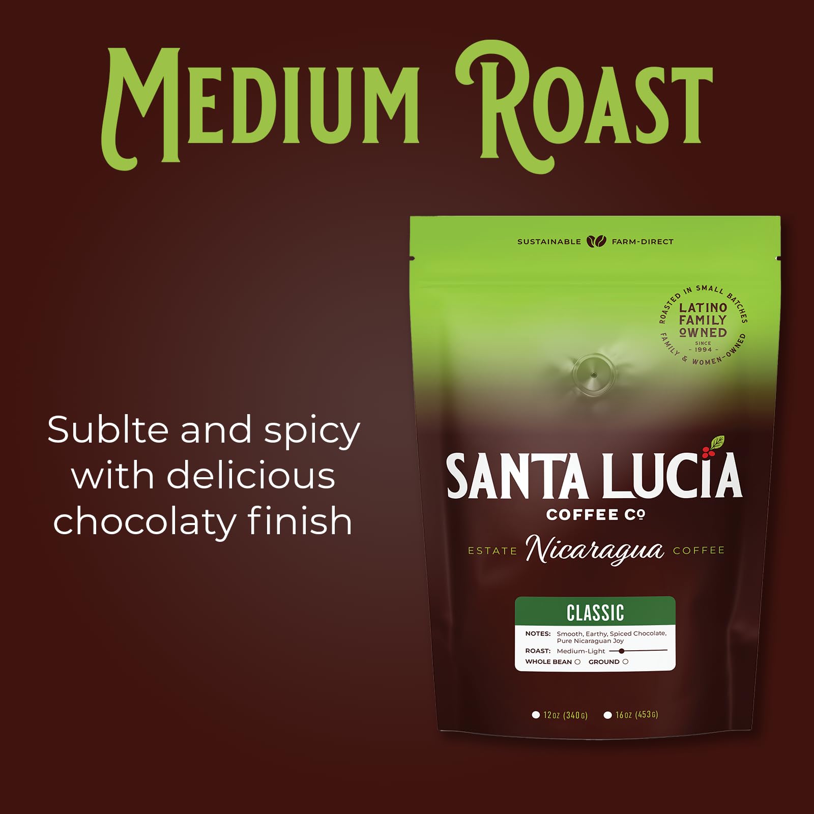 Santa Lucia Coffee - Grand Reserve Classic Medium Roast Nicaraguan Coffee - Medium Roast - 91 Point Specialty Grade - Low Acididity - Bright & Smooth - Strong & Bold Flavor - Ground - 16oz. (Pack of 3)
