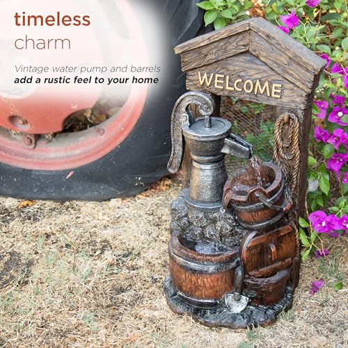 24-Inch Rustic Barrel Floor Fountain with Welcome Sign - Indoor Outdoor