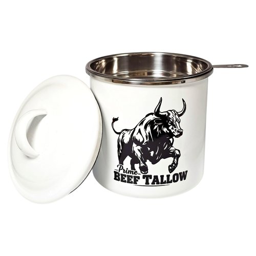 Beef Tallow Container with strainer for Fat Storage – 40 floz – 1.1 L – Bacon Grease Container, Strainer, & Spatula for Brisket Drippings, Lard, & Oil– Grease Keeper for Kitchen - Dishwasher Safe