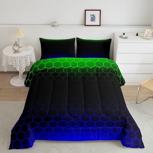 Feelyou Ombre Honeycomb Comforter Set Twin, Green Blue Ombre Hexagon Bedding Set Beehive Hexagon Comforter Kids Toddler Stereoscopic Duvet Set with 1 Pillow Case