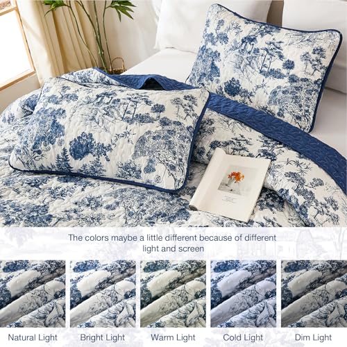 Botanical Floral Queen Quilt Set - 3-Piece Reversible Navy Blue Bedspread