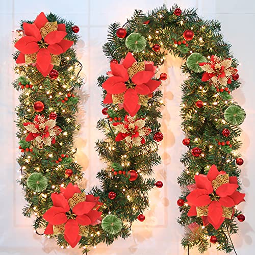 9ft Pre-Lit Christmas Garland with LED Lights, Red Flowers & Berries, Indoor Outdoor Holiday Decor