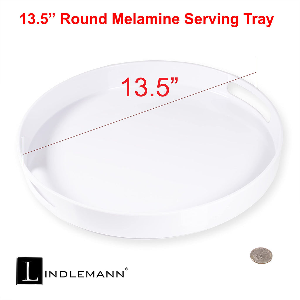LINDLEMANN White Serving Tray Large Melamine Platter Round Breakfast Trays with Handles for Coffee Table Ottoman Living Room Home Décor Holiday Celebration & Party (13.5")