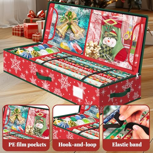 Christmas Gift Wrap Organizer Storage Box with Clear Pockets & Dividers