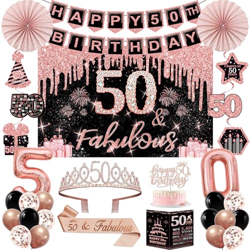 50th Birthday Decorations Kit for Women, Rose Gold Party Supplies Set