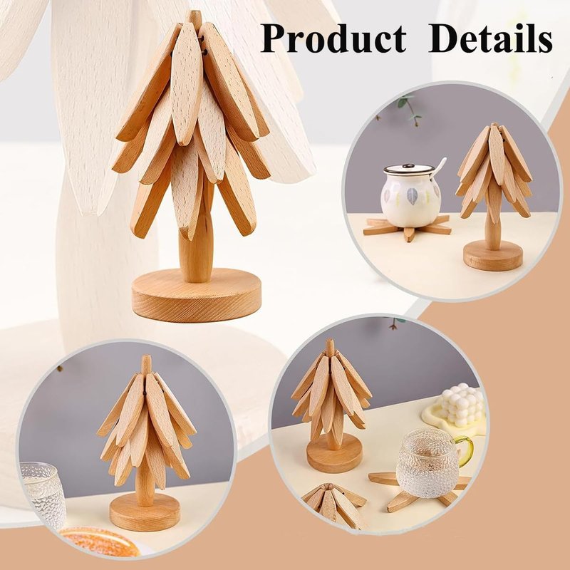 Wooden Trivets for Hot Dishes，Tree Shape Trivet Set，Beech Wood Tree Shape Trivets for Hot Pots and Pans (4 Layers+1 Stand)