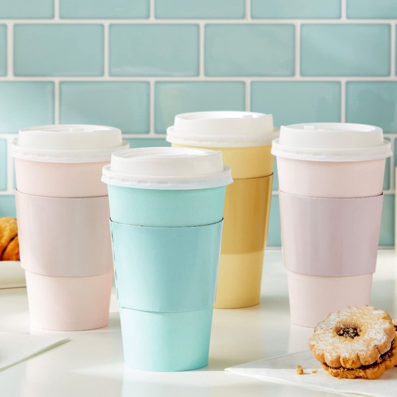 Sparkle and Bash Disposable Coffee Cups with Lids - 16 Oz, 48 Pack, Compostable Pastel Colors - Insulated Hot Paper Cups with Lids & Disposable Coffee Sleeves