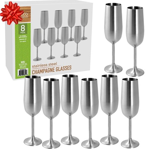 Unbreakable 8 Oz Stainless Steel Champagne Flutes (8 Pack) - Large Stemmed Matte Silver Champagne Glasses - Reusable Indoor Outdoor Drinkware - Keeps Drink Cool for Longer- Valentines Day Gift for Her