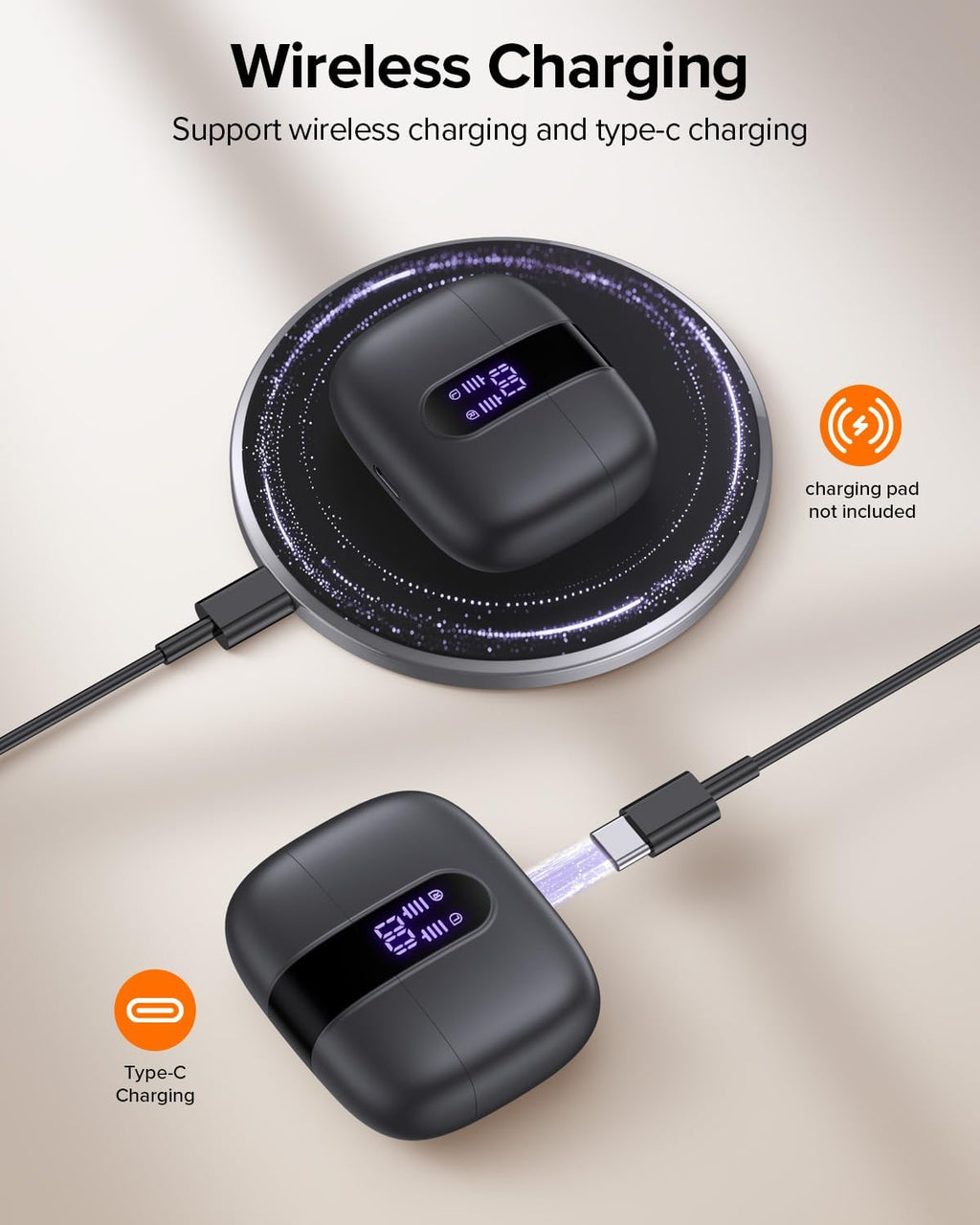 TAGRY Bluetooth Headphones - True Wireless Earbuds with 60H Playback & LED Power Display | IPX5 Waterproof, Charging Case Included