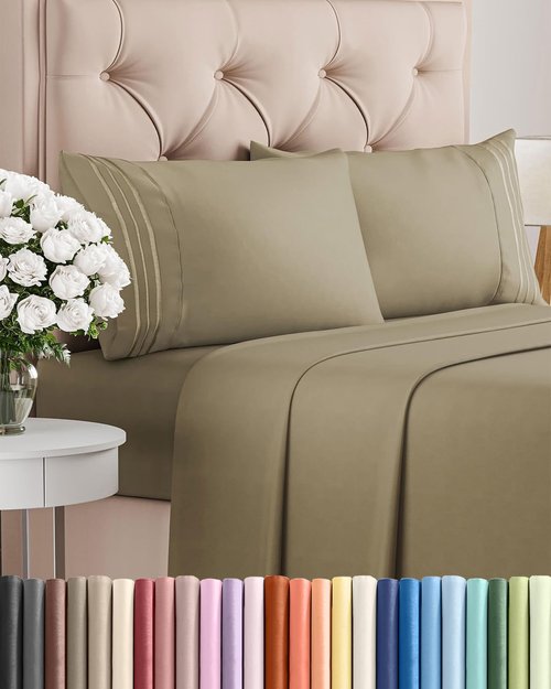 King Size 4 Piece Sheet Set - Ultra-Soft Cooling Bed Sheets | Hotel Luxury Bedding - Deep Pockets - Khaki