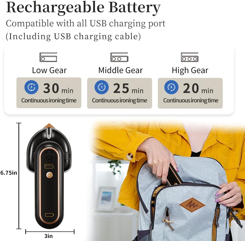 Skiennix Cordless Mini Iron - Portable USB Rechargeable Handheld Steam Iron for Travel | Black