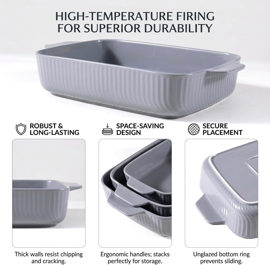 Yachi Ceramic Casserole Dishes - Set of 3 Rectangular Bakeware with Handles | Oven & Microwave Safe Gray (14.8''/12.7''/9.8'')