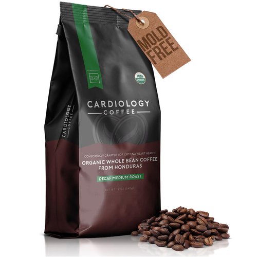 Cardiology Coffee – Medium Roast Decaf Coffee Beans – USDA Certified Organic, Mold Free 12oz Premium Whole Bean Coffee – Decaf Barista-Style Beans with Swiss Water Decaf and Antioxidant Benefits