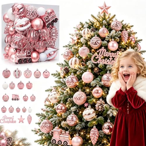 65Pcs Pink Christmas Ornaments Set - Shatterproof Glitter Balls & Lace Bows
