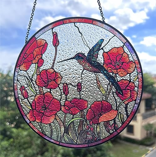 Galag 8-Inch Red Hummingbird Stained Glass Suncatcher for Windows & Gift