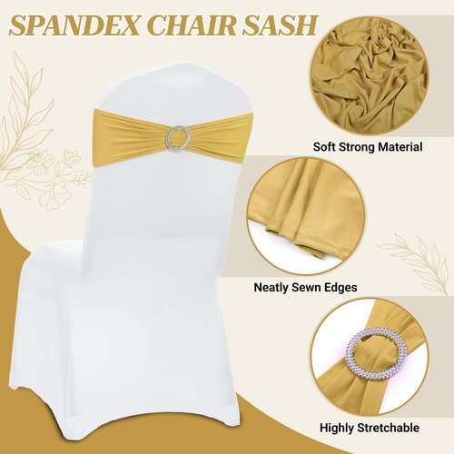 MDS-MEGADECORSUPPLY Chair Sashes - 100 Pack Gold Spandex Stretch Covers with Buckle Slider for Weddings & Events