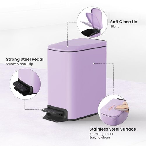 Cesun Stainless Steel Small Bathroom Trash Can - Soft Close Lid, 6 Liter Capacity, Anti-Fingerprint Finish | Purple