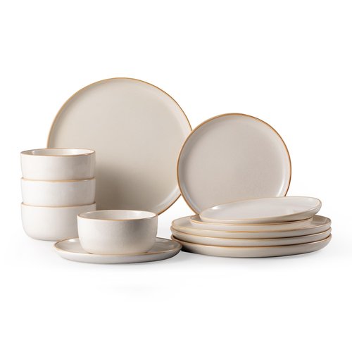 Dafuceramic Dinnerware Sets for 4,Plates and Bowls Sets,Handmade Reactive Glaze Dishes Set,Chip and Scratch Resistant Dishwasher Microwave Safe (Mocha White)
