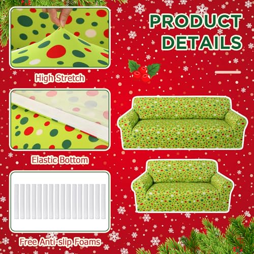 Peryiter 2 Pcs Christmas Sofa Cover Set Lime Green & Red Dots - Stretchable Milk Silk Slipcovers for Couch & Loveseat, Holiday Home Decor